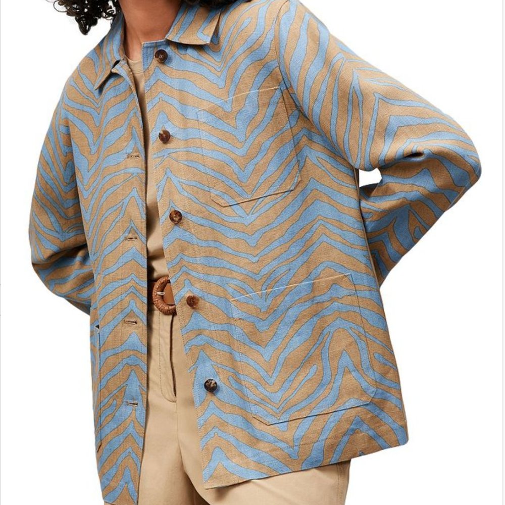 LAFAYETTE 148 Size M Amaris Zebra Print Linen Shirt Jacket In Fresh Blue Multi